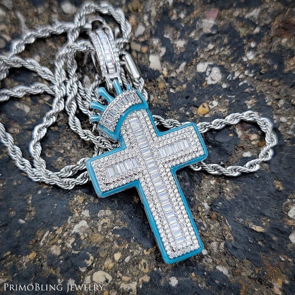Blue Baguette Crowned Cross Necklace